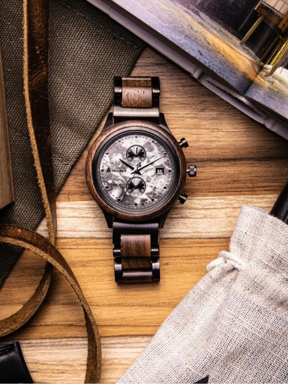 New Treehut Chronograph Watch, Rise Walnut Grey Marble